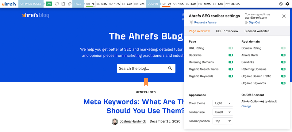 Ahrefs toolbar pavyzdys