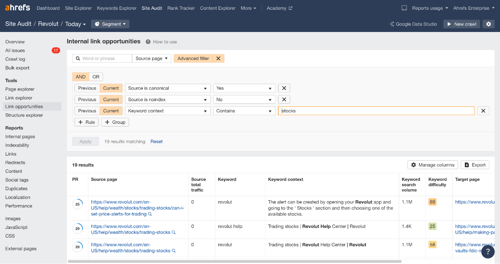 Ahrefs example of how to find internal link opportunities