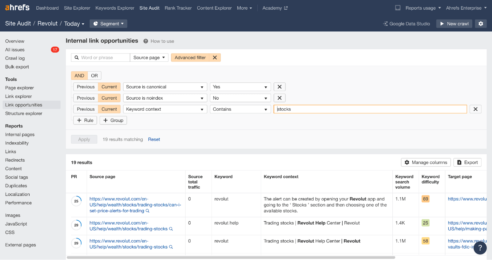 Ahrefs vidinių nuorodų galimybių paieška