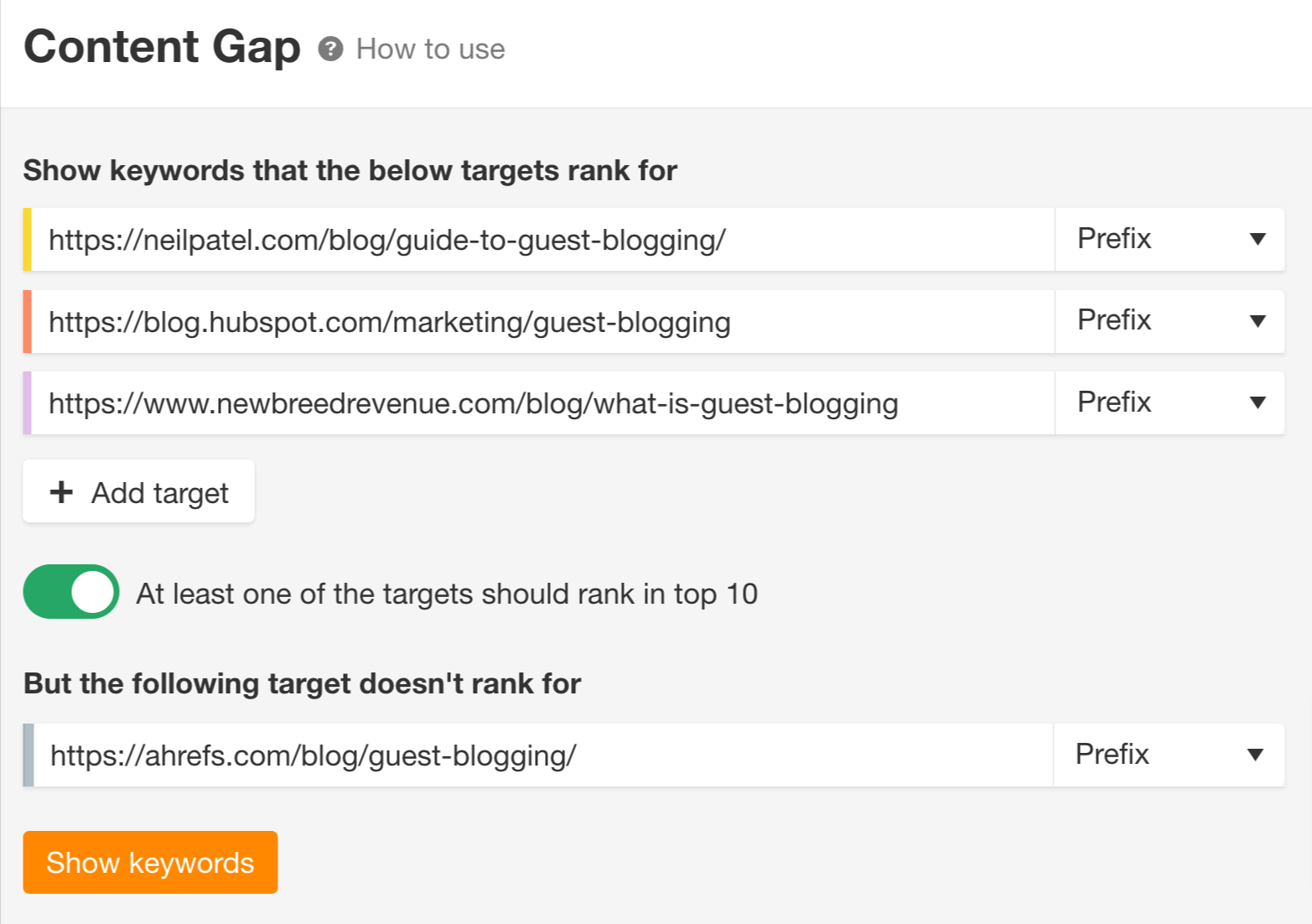 Content Gap tool process