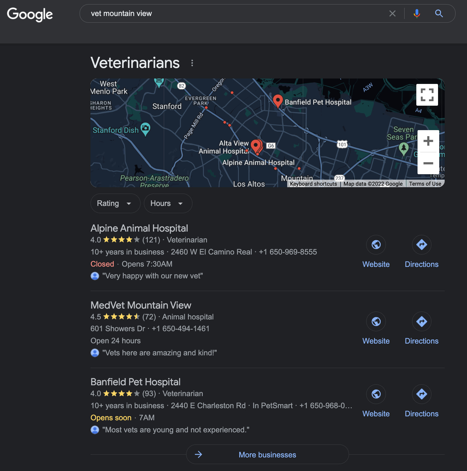 Google maps view result on Mountain View Vets
