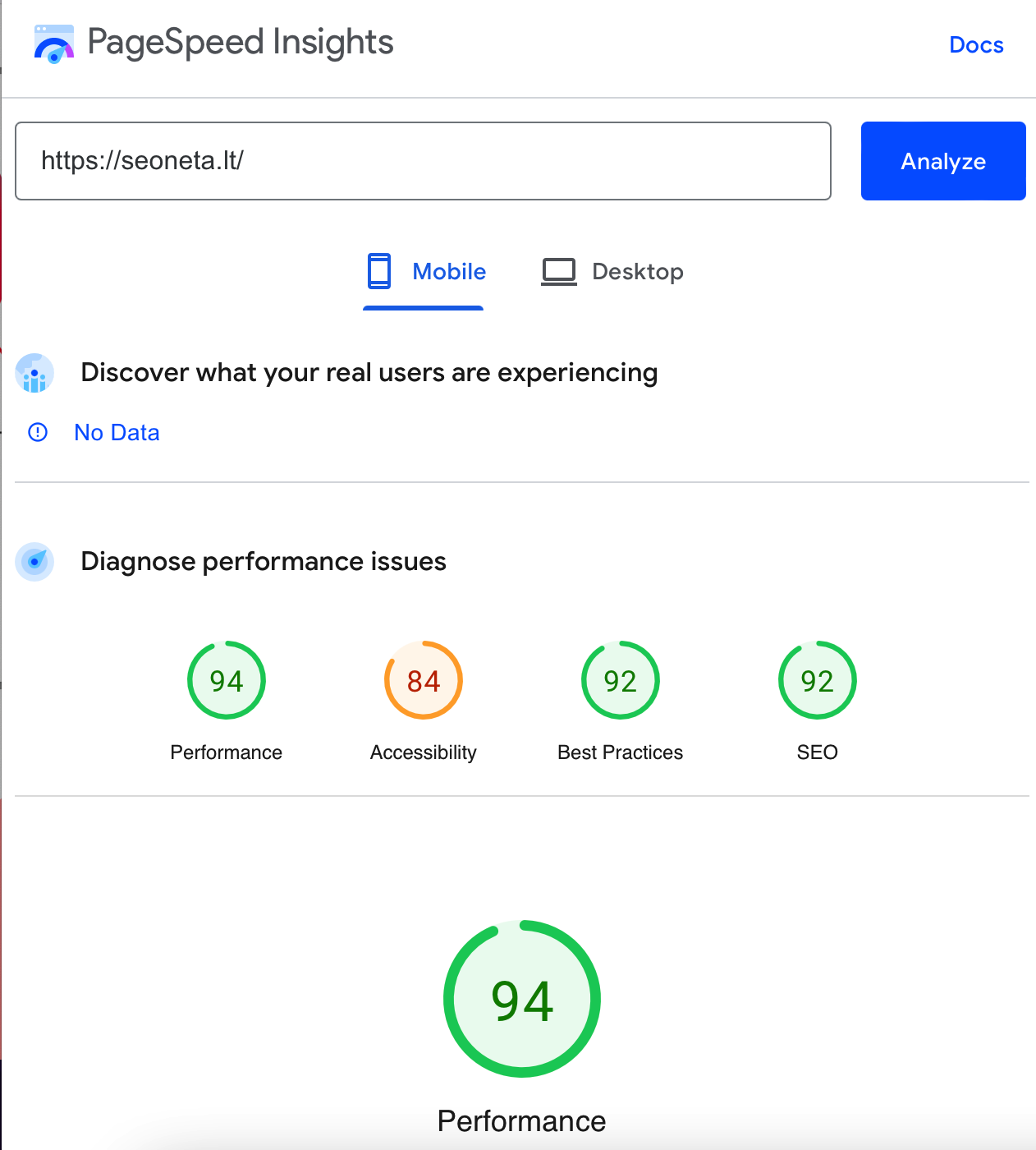 puslapio greitis ismatuotas su pagespeed insights